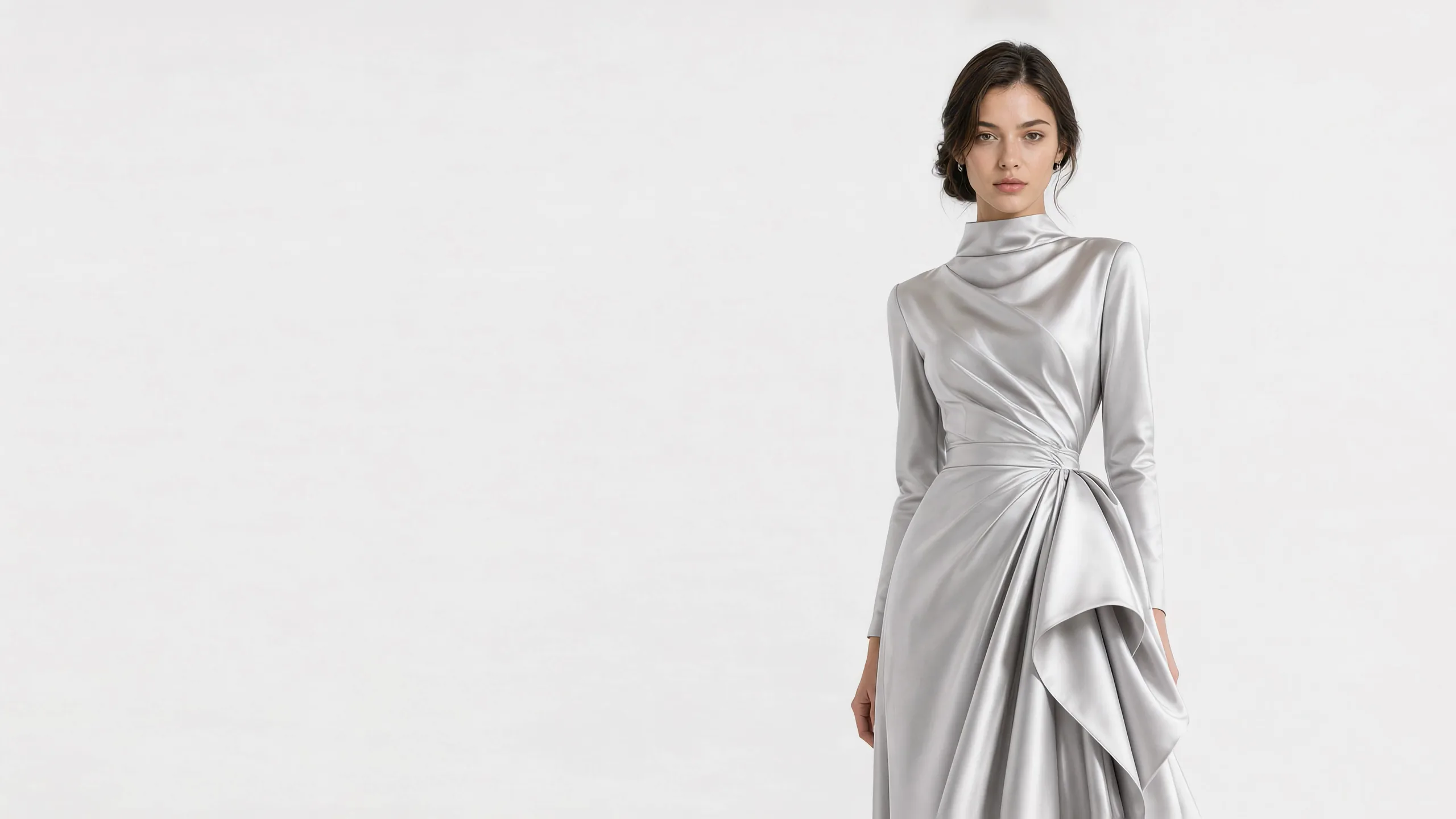 AI fashion model Elara in a sculptural silver satin couture gown in a pearl-grey studio