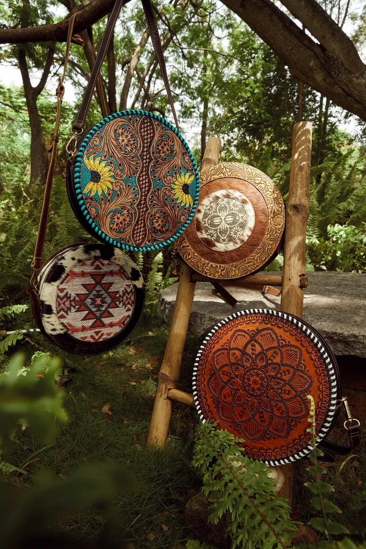 Tooled leather in the woods. Product image, retouching by Mohammed Yasin.