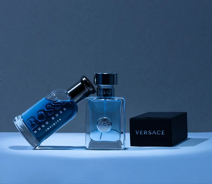 Fragrance still life: Blue hour bottles. Product image, retouching by Mohammed Yasin.