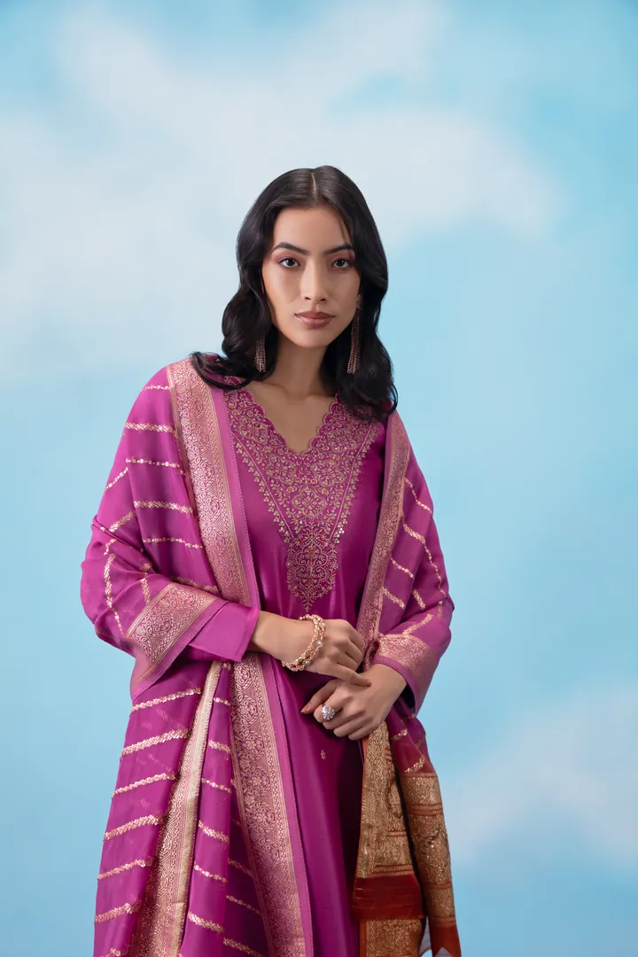 Magenta brocade. Fashion image, retouching by Mohammed Yasin.
